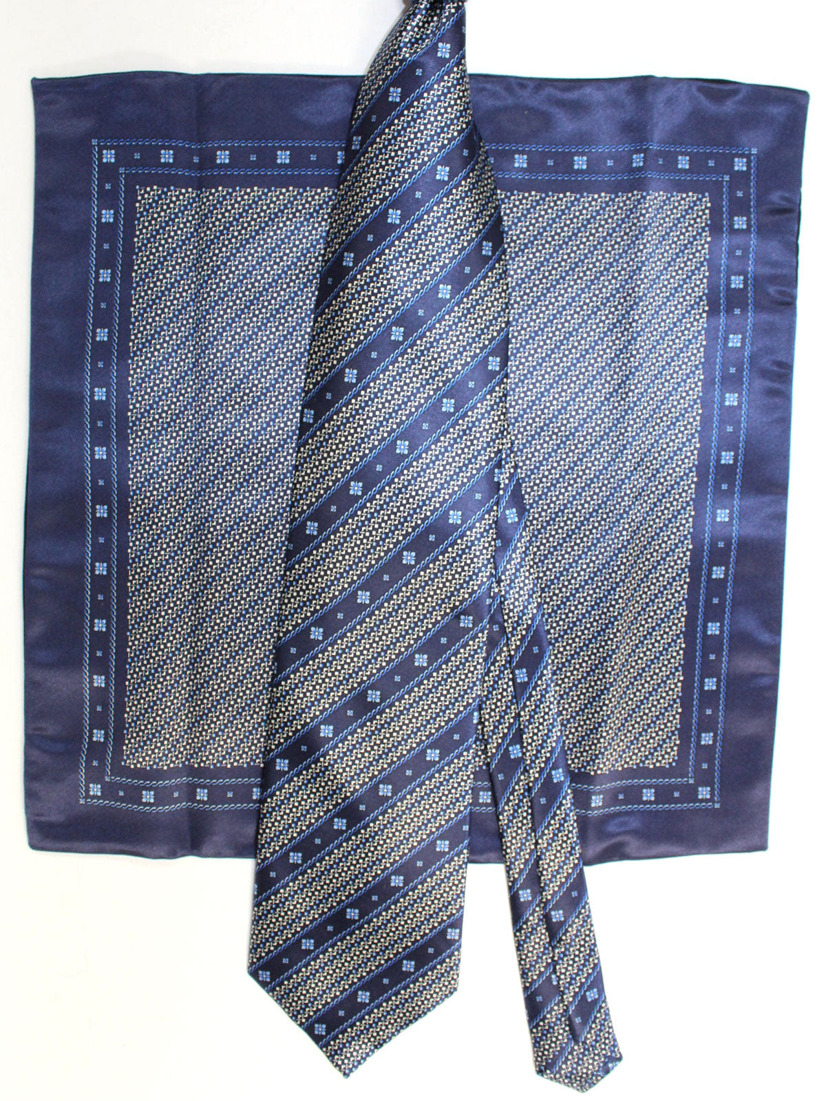 Zilli Silk Tie & Pocket Square Set Dark Blue Stripes Geometric