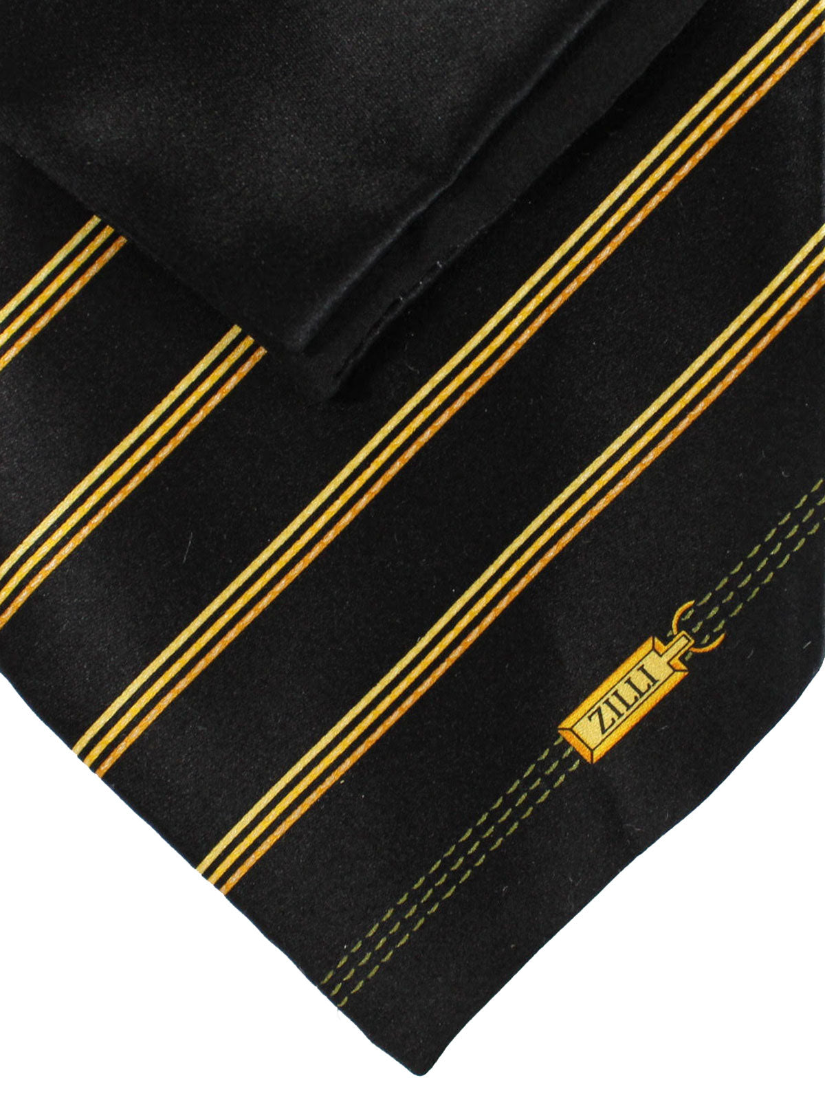 Zilli Extra Long Tie & Matching Pocket Square Set Black Orange Gold Stripes