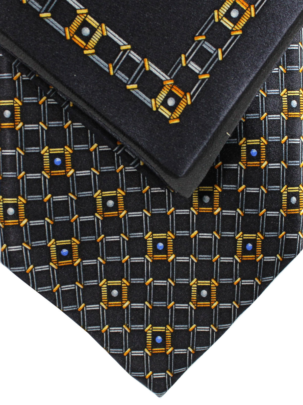 Zilli Tie & Matching Pocket Square Set Black Gold Blue Geometric