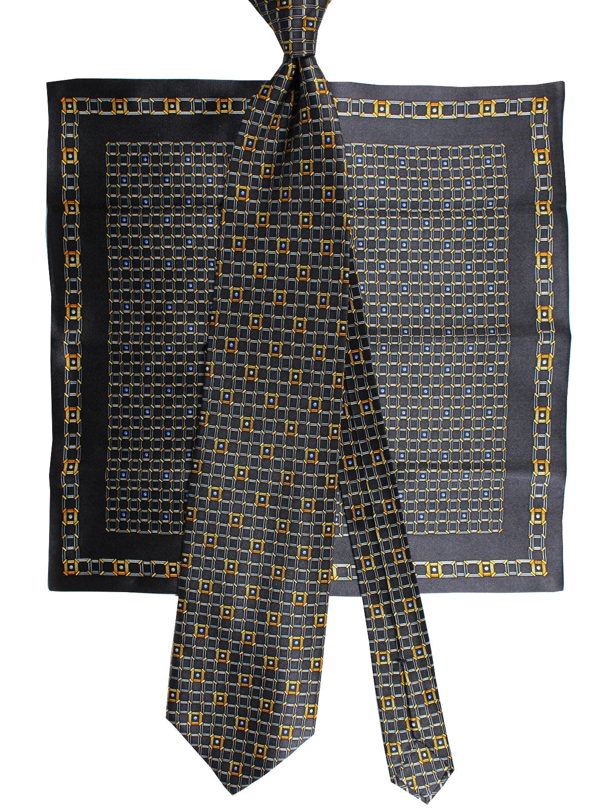 Zilli Tie & Matching Pocket Square Set Black Gold Blue Geometric